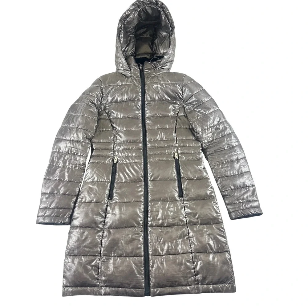 Marc New York Andrew Marc Womens XS Puffer Jacket Metallic Grey Hooded Long Coat